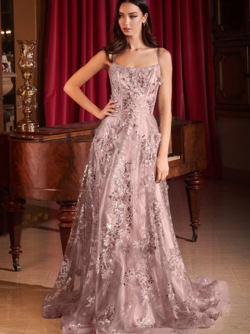 NEW LONG FORMAL SLEEVELESS A-LINE FLORAL TULLE GOWN WITH SCOOP NECKLINE CD CB144